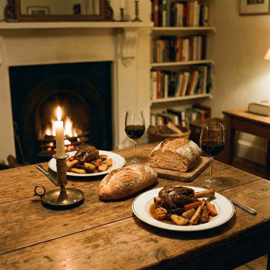 Roast lamb dinner for two on a wooden table beside a glowing fireplace.