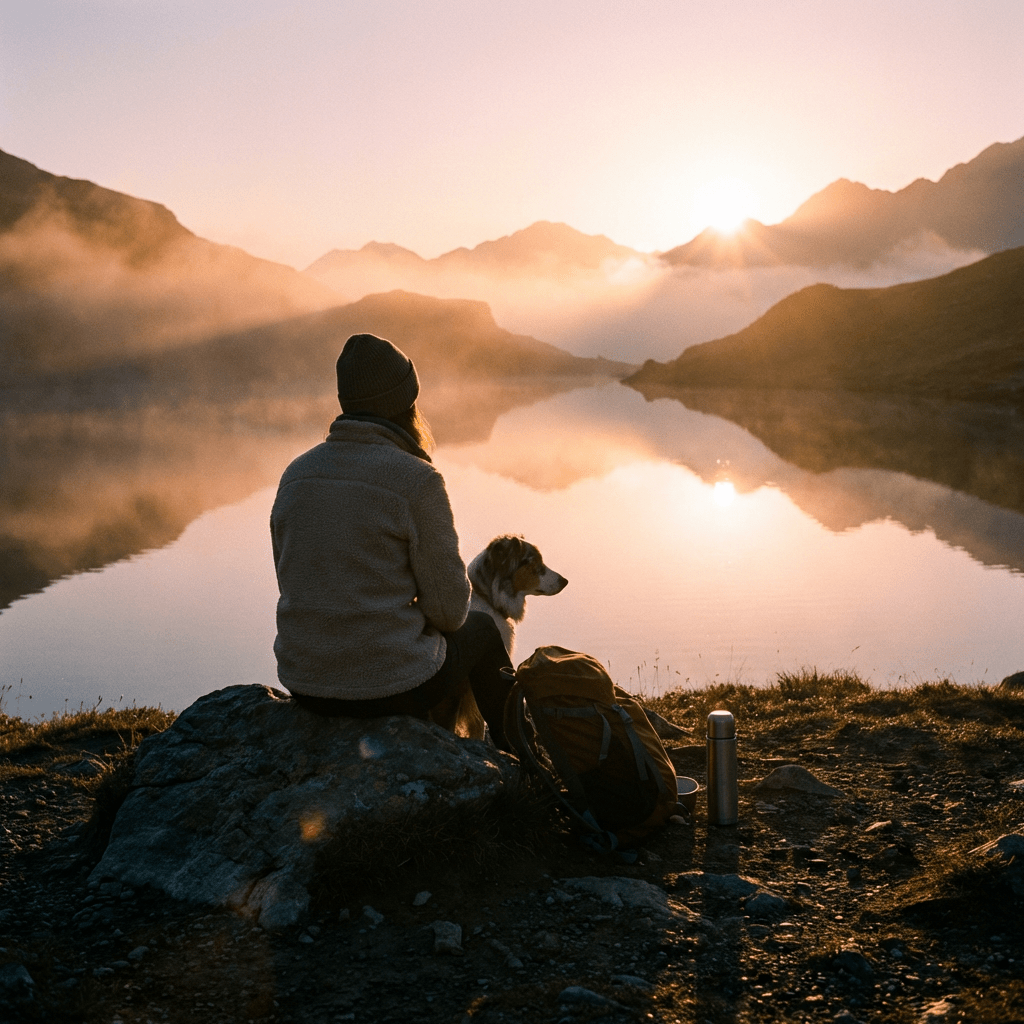 A person and their dog sitting by a misty mountain lake during sunrise.